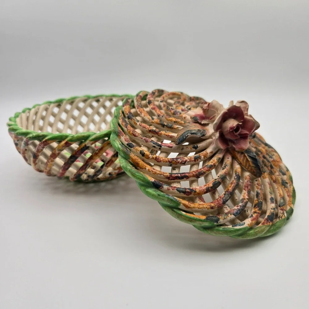Vintage Lidded Spanish Porcelain Woven Trinket Box Lattice Potpourri Bowl Spain